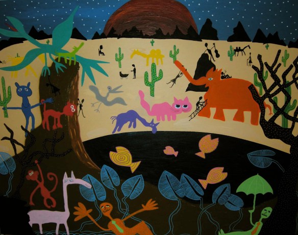 Amanda drömmer, akryl, spray och tusch på pannå