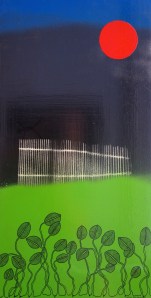 Balansakt i skymningsträdgården, akryl, spray och tusch på trä