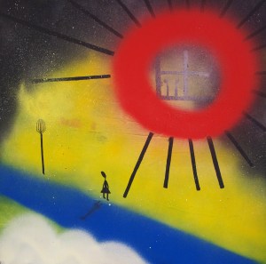 Besök, 55,5x55,5 cm, akryl, spray och tusch på trä