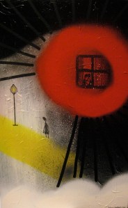 Det sista besöket, 67x46 cm, akryl, spray och tusch på trä