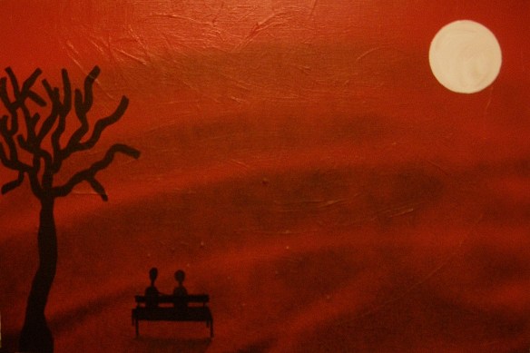 En kväll vid bänken, 54x36,5 cm, Akryl, spray och tusch på trä