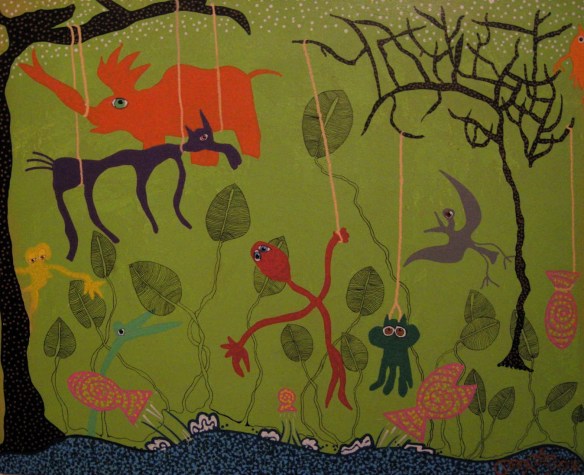 En plats i djungeln, 55x44 cm, akryl och tusch på trä