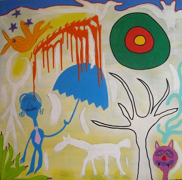 En regnig eftermiddag, Akryl, spray och tusch på trä