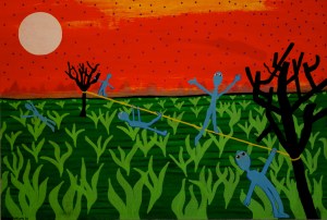 Fält, träd, lindansare, 54x36,5 cm, Akryl, tusch och spray på trä