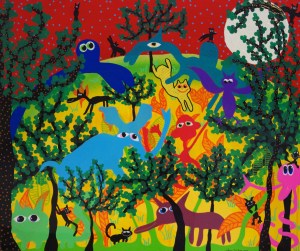 Fest i djungeln, 60x51 cm, akryl och tusch på trä