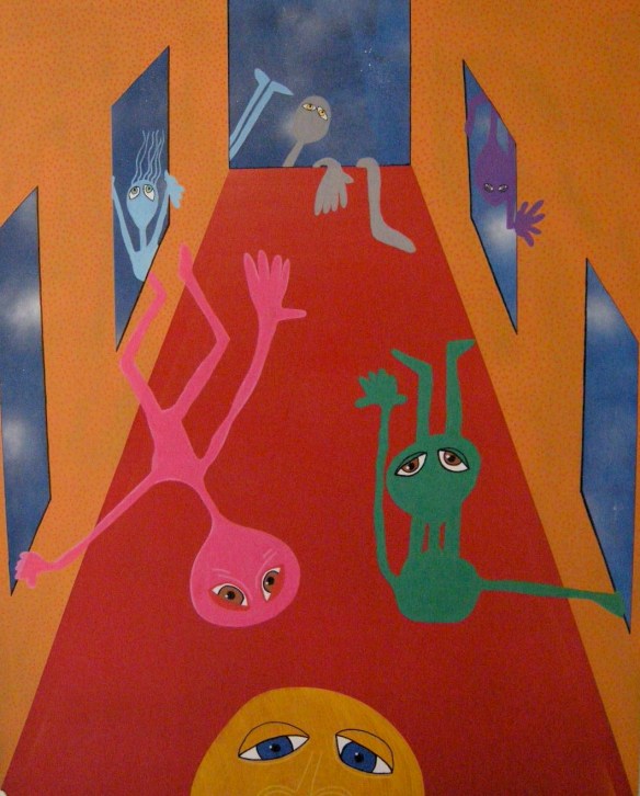 Himlens fripassagerare, 78x96 cm, akryl, spray och tusch på pannå