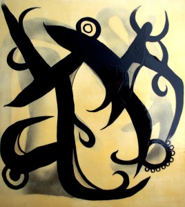 Caligaris trappa, akryl, spray och tusch på trä