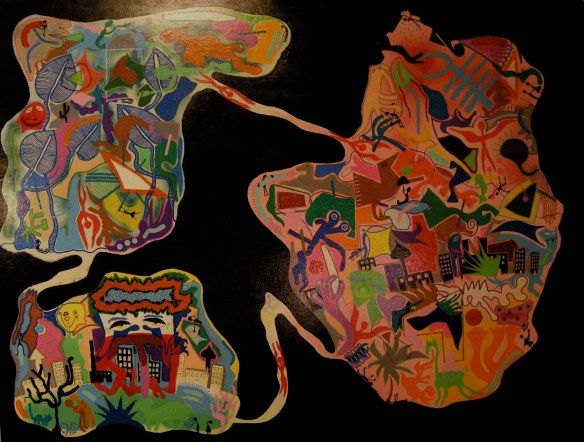 Kurragömma i regn (Mats palats), 160x122 cm, akryl, spray och tusch på trä