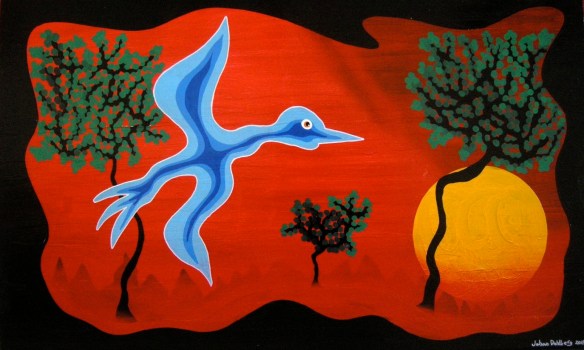 Kvällsflykt, akryl, tusch och spray på trä