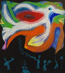 Nino dagdrömmer, 70x48 cm, akryl, spray och tusch på trä