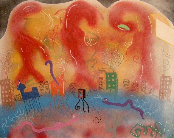 Stadsandarnas promenad, 55x44 cm, spray och tusch på trä