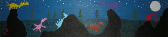 Djur i natt, akryl och tusch på trä