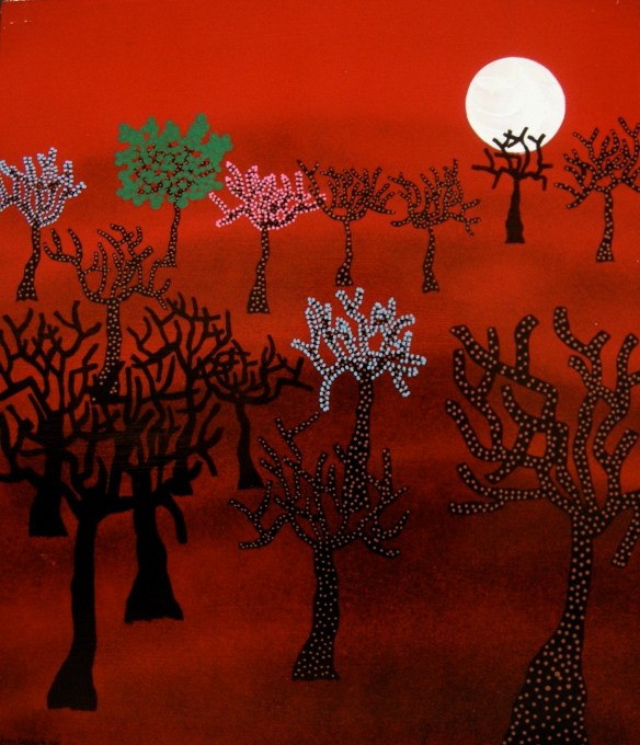 Utsikt från fröken Shikibus fönster en natt 1997, akryl, spray och tusch på trä